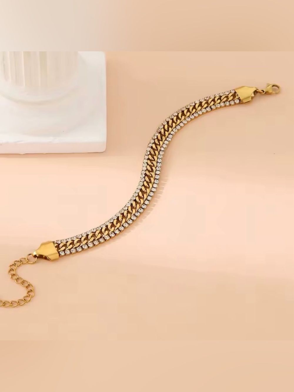 18K Gold Plated Stainless Steel Three Layers Bracelet Shiny Cubic Zirconia - Picture 4 of 8